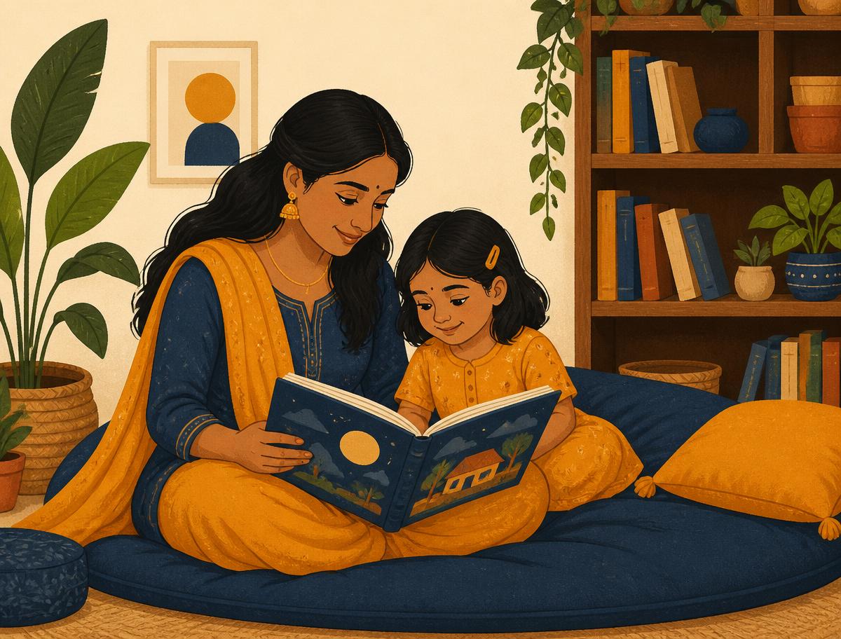 A mother and her daughter reading a picture book together on a floor cushion