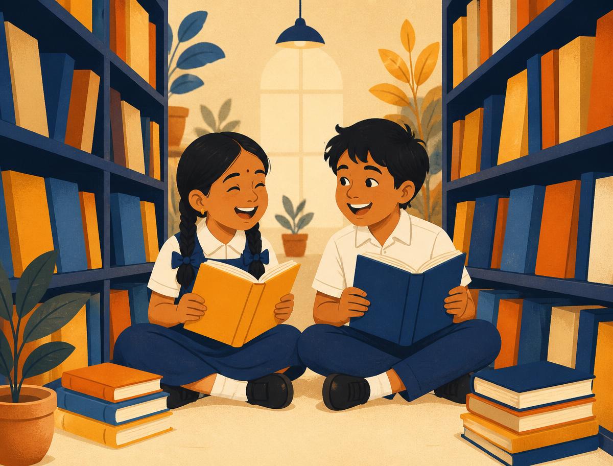 Two school children reading in a library aisle lined with colourful books